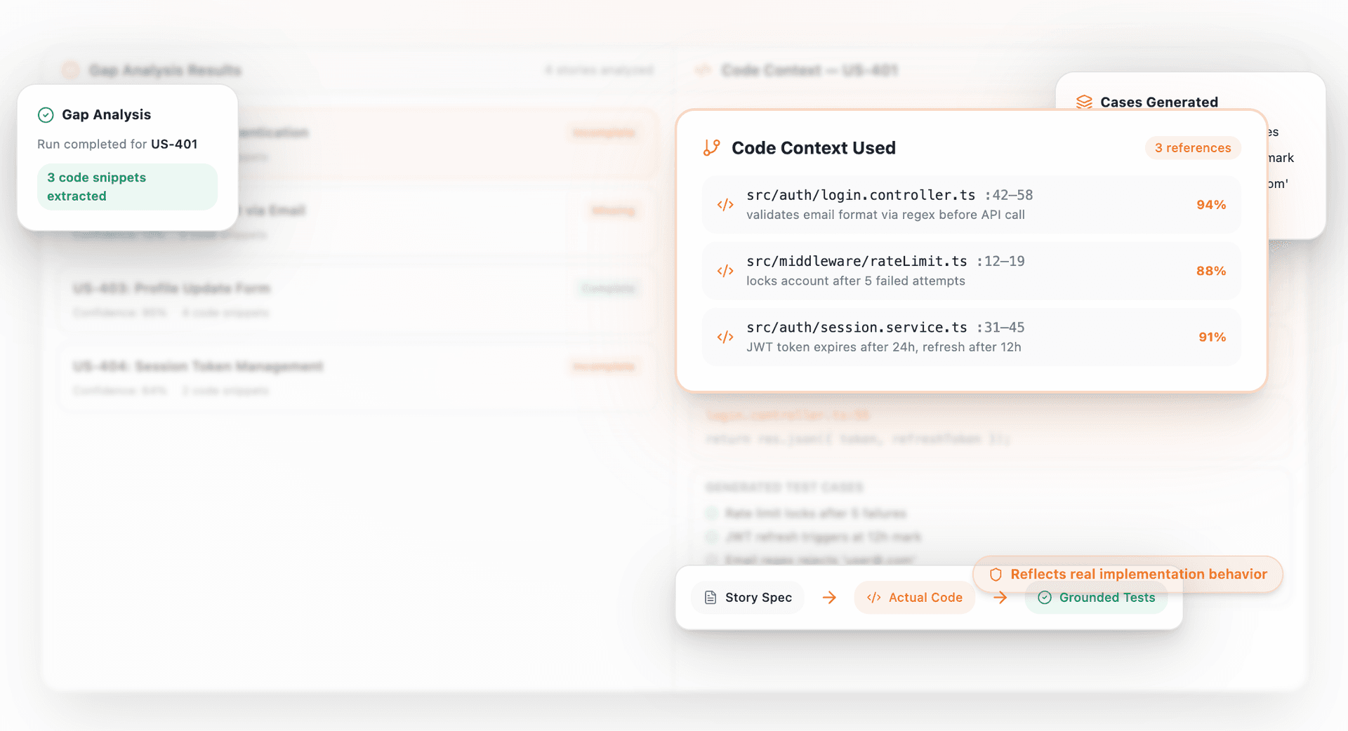 Test cases grounded in how the feature was actually built